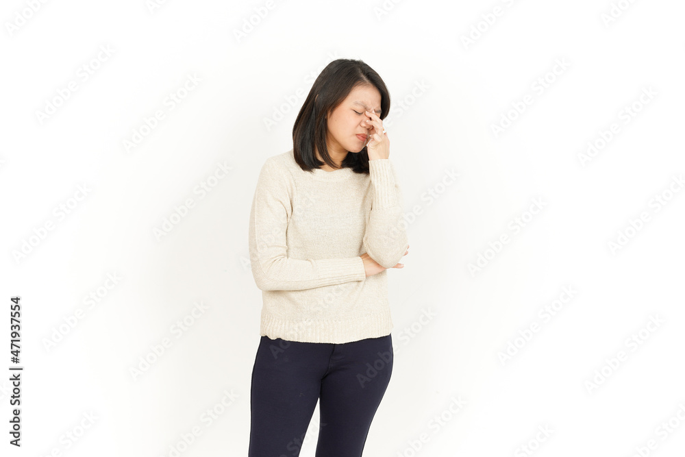 Headache of Beautiful Asian Woman Isolated On White Background Headache of Beautiful Asian Woman Isolated On White Background