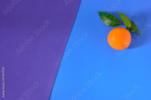 Blue and purple background with tangerine with leaves