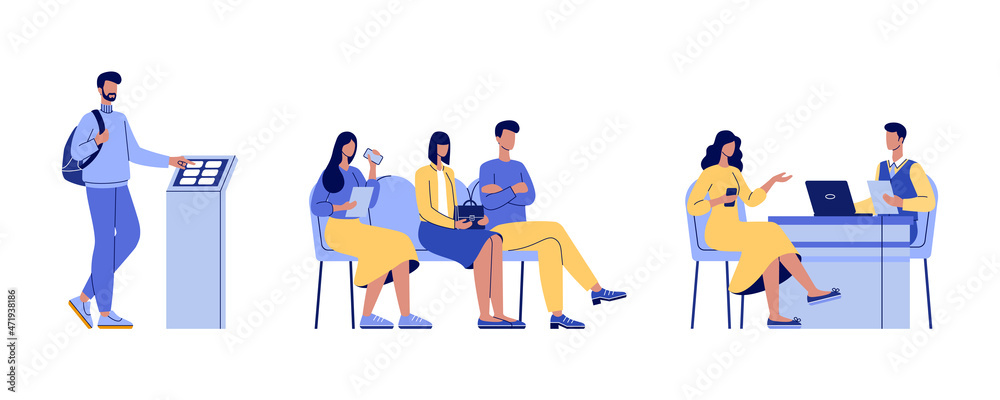 Business people waiting line queue. Bank managers and customers characters. Various clients in a bank office room. Flat style vector illustration