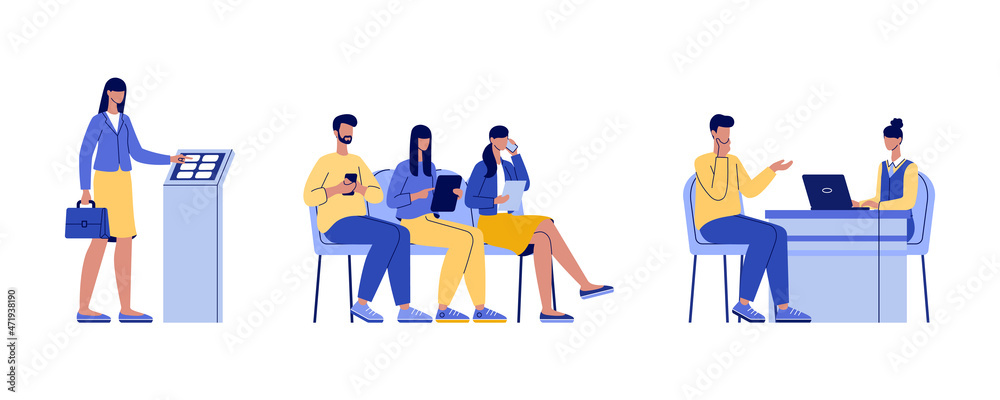 Business people waiting line queue. Bank managers and customers characters. Various clients in a bank office room. Flat style vector illustration