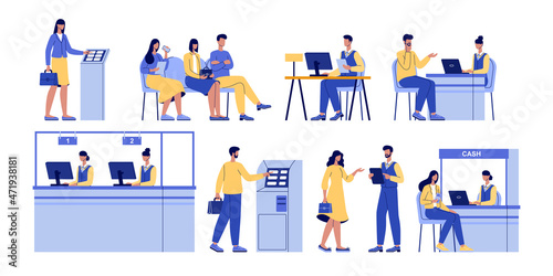 Bank clients service. Banking office, counter and client service. Cash desk, cashier atm professional loan consultant vector illustration