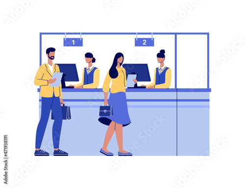 Male and female clients talking to managers or analysts of credit department. Bank workers providing services to customers. Colorful vector illustration in modern flat cartoon style.