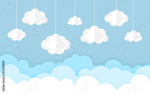 Cloud paper cut blue sky flat style. Cartoon volumetric splash wallpaper postcard. Sunny clear day handcraft origami modern horizontal 3d background. Good weather invitation news vector illustration