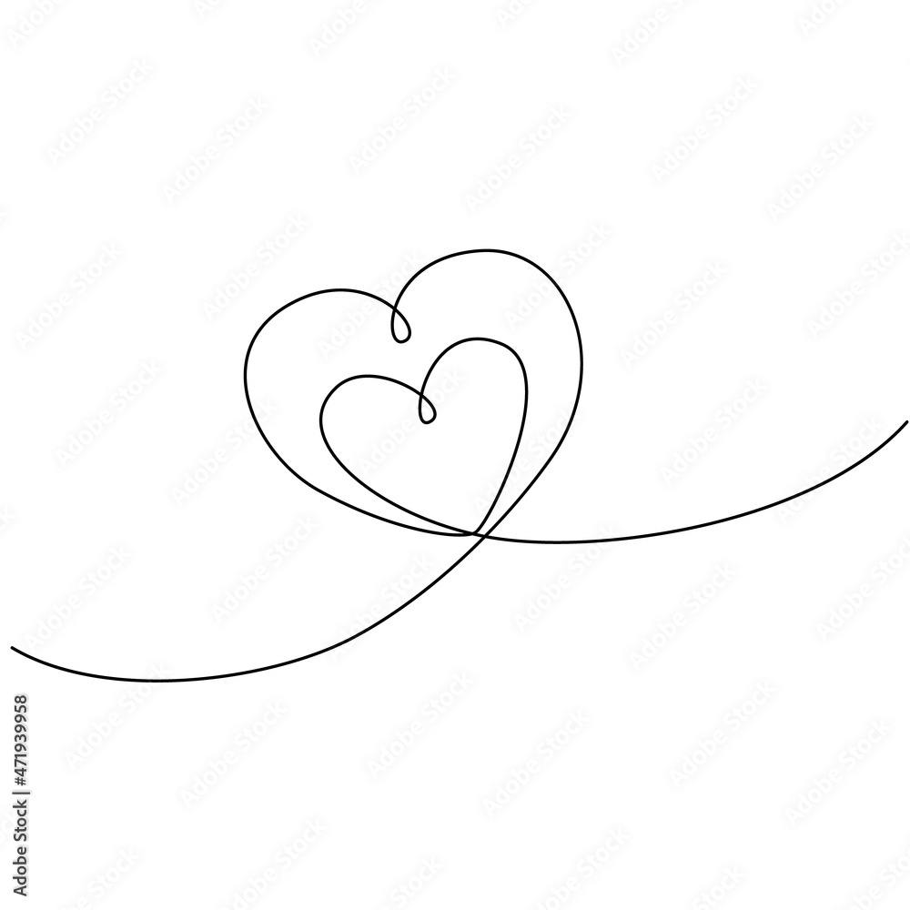 Continuous one line drawing of hearts. Black single line art isolated on white background. Minimalist illustration of love concept. Abstract love symbol for Valentines day. Vector illustration