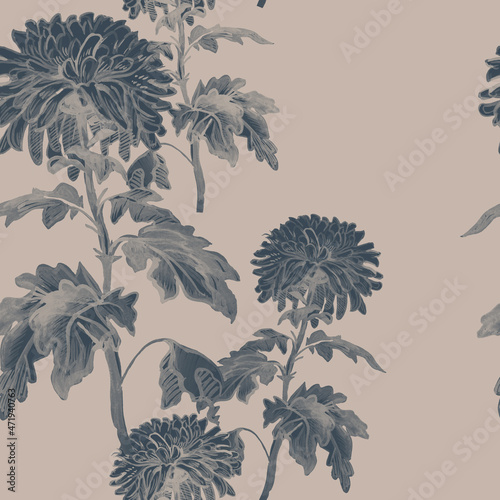 Two-toned monochrome floral seamless pattern with grey silhouettes of chrysanthemum flowers  stems and leaves isolated on craft paper background. Wallpaper  bedding  textile  fabric  package.