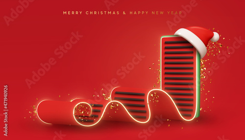 Christmas Creative concept. Realistic 3d design template mobile phone, red sheet with phone screen, letter to Santa Claus. Wishlist and purchases for new year. Xmas banner, advertising web poster.