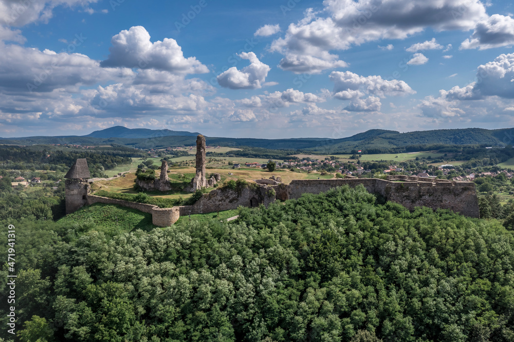 Aerial view of medieval Nograd castle in Northern Hungary above the same name village once held by Turkish forces