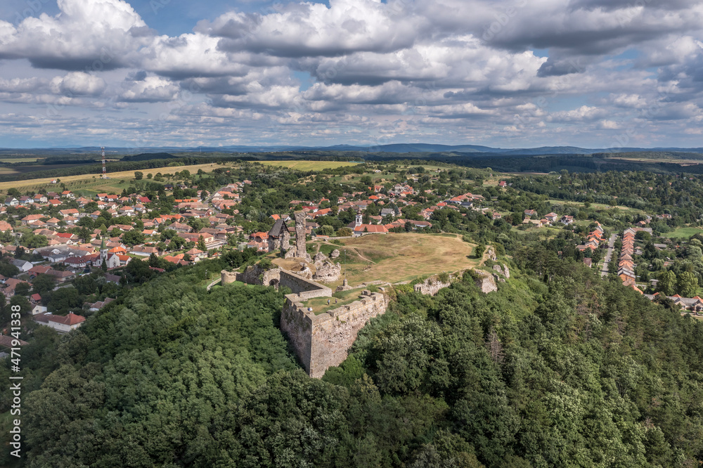 Aerial view of medieval Nograd castle in Northern Hungary above the same name village once held by Turkish forces