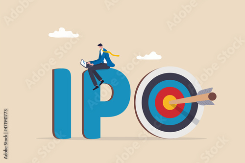 IPO, initial public offering, company go public in stock market, investment opportunity or make profit from new stock concept, businessman trader trading stock on alphabets IPO with bullseye target. photo