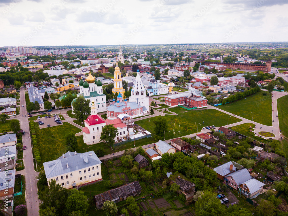 Panoramic view from drone of the church and temple of city Kolomna. Russia