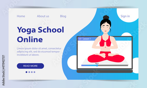 Yoga classes online. Landing page. Web site yoga school. A pretty Asian girl shows an asana. Yoga training via the Internet. Vector illustration.