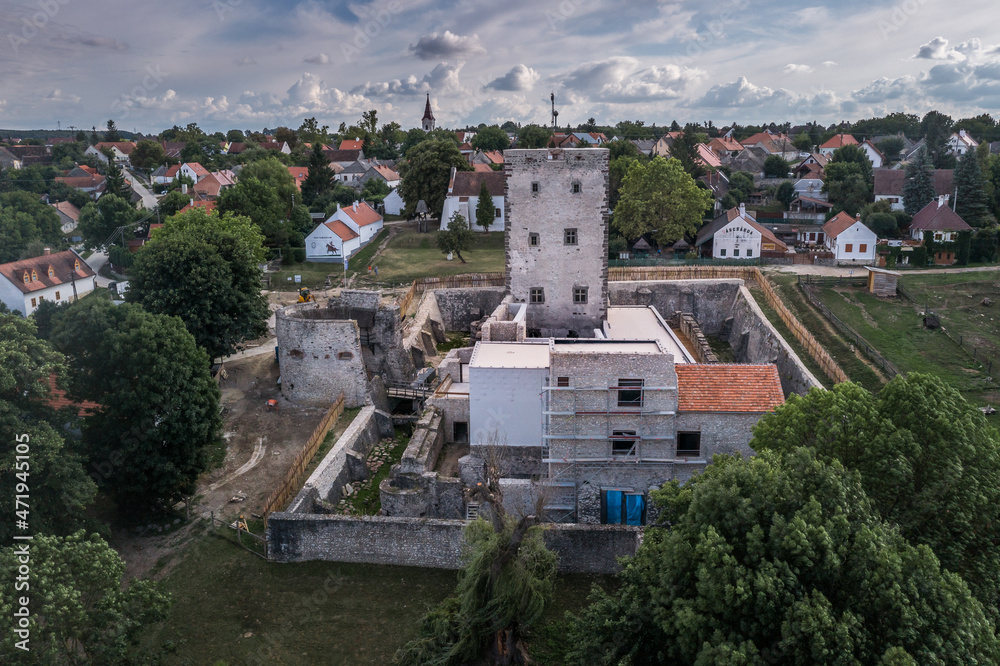 Aerial view of medieval Nagyvazsony castle near the Lake Balaton in Veszprem county Hungary with emblematic donjon, barbican currently under renovation 