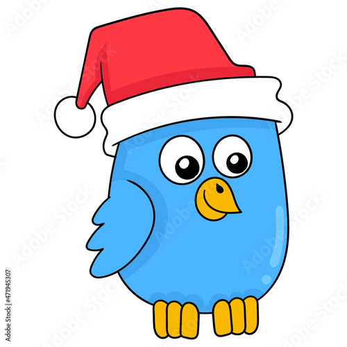 cute bird wearing a christmas hat, doodle icon image kawaii