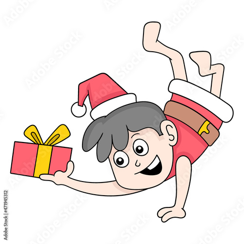 boy is dancing distributing Christmas gifts, doodle icon image kawaii