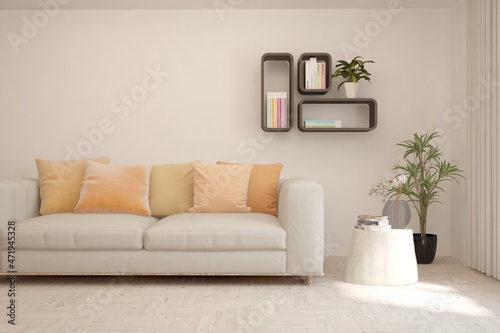 White living room with sofa. Scandinavian interior design. 3D illustration