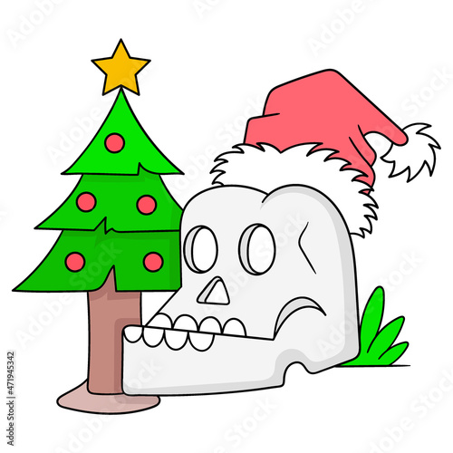 christmas celebration with halloween skull, doodle icon image kawaii
