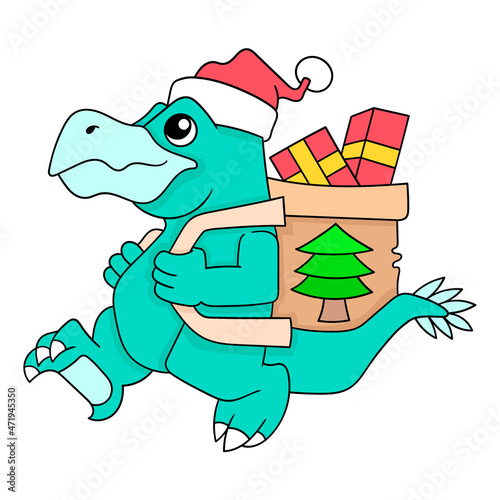 dinosaurs are bringing christmas gifts to share, doodle icon image kawaii