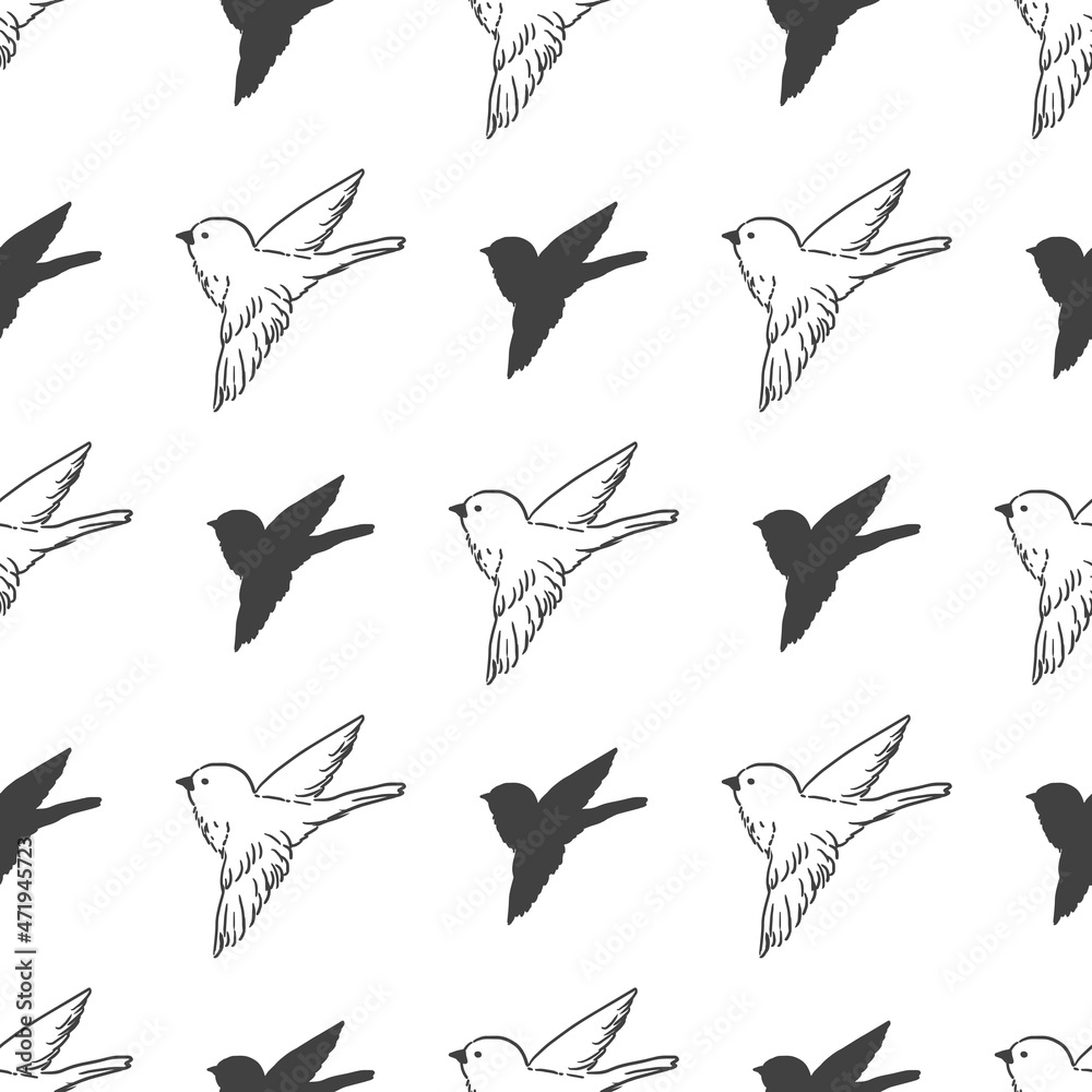 Abstract White Black Flying Sparrow Vector Graphic Silhouette Seamless Pattern Abstract White Black Flying Sparrow Vector Graphic Silhouette Seamless Pattern