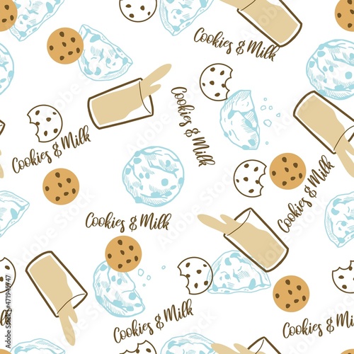 Eat Chocolate Chip Cookies with a Glass of Milk Vector Seamless Pattern
