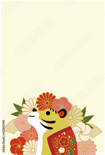 2022年　寅年　年賀状テンプレート　縦　文字なし　シンプル　梅　菊/2022 Year of the Tiger, Plum, and Chrysanthemum Japanese Greeting Card, Great for New Year's Card and Invitations (Vertical) - Vector Image (No Text) © Mikitty
