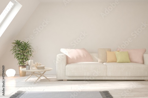 Soft color living room with sofa. Scandinavian interior design. 3D illustration © AntonSh