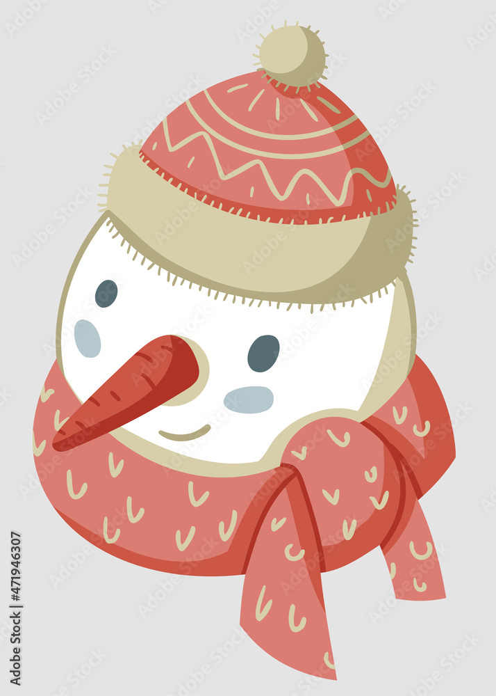 Cute illustration of smiling snowman with red warm hat and scarf Cute illustration of smiling snowman with red warm hat and scarf