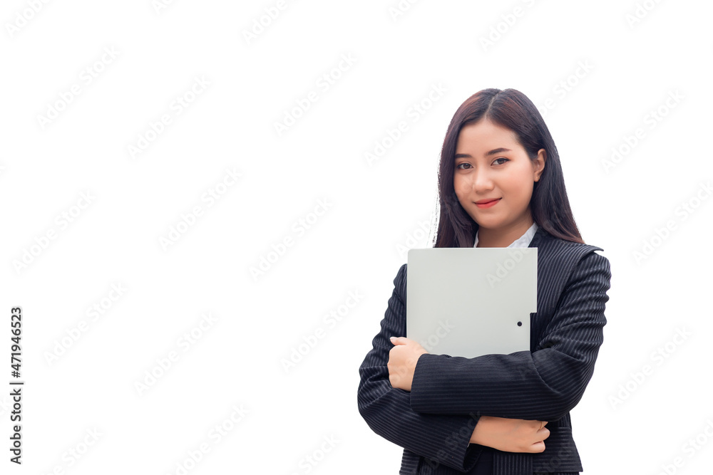 Beautiful Southeast Asian woman in suit is standing holding file and looking at camera in business woman concept on white background. Beautiful Southeast Asian woman in suit is standing holding file and looking at camera in business woman concept on white background.