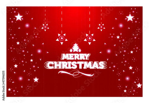 Merry Christmas Happy New Year text with realistic Christmas star red bokeh background
