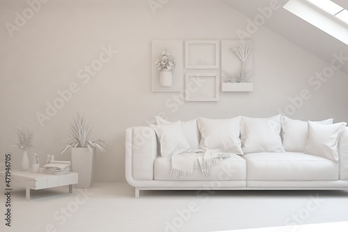 White minimalist living room with sofa. Scandinavian interior design. 3D illustration