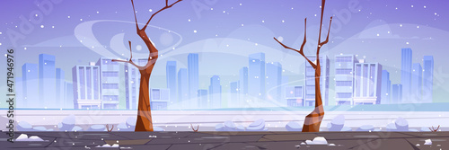 Winter city street with bare trees, blizzard and snowdrifts around, modern town buildings skyline at wintertime season. Urban empty landscape, snow fall under dull sky and cold wind, Vector cartoon