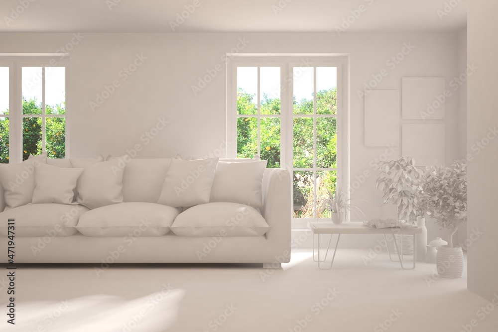 Mock up of stylish room in white color with sofa. Scandinavian interior design. 3D illustration