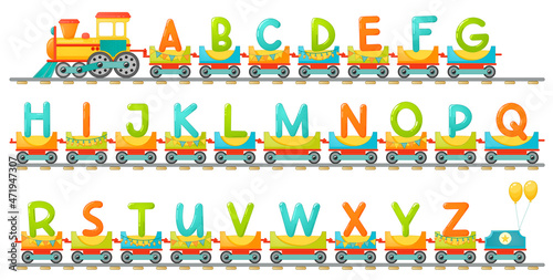 Train alphabet for kid in cartoon style. Capital letters only. Vector ABC letters for children education in school, preschool and kindergarten.