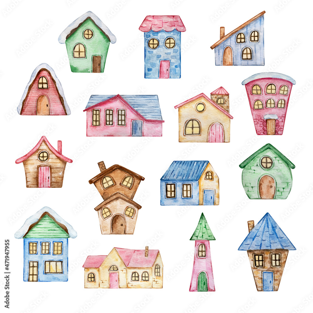 winter town elements, different cute houses