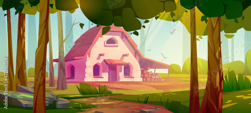 Summer forest with country house. Forester cottage with woodpile. Vector cartoon illustration of woods landscape with trees, green grass, path and farmhouse