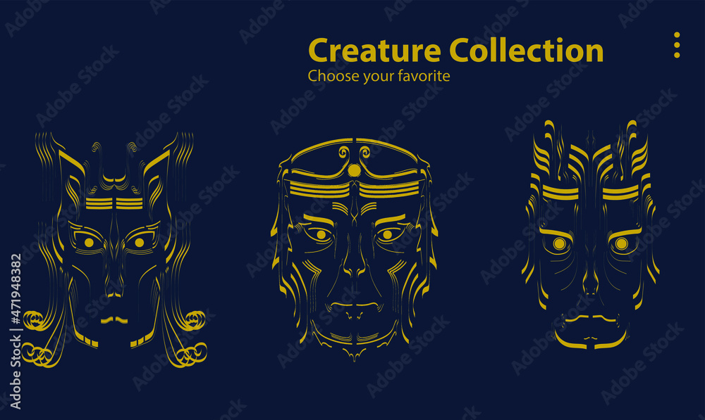Obraz premium background vector design art symbol graphic illustration social magic mythology fantasy collection face wild monster cartoon set mystic object gorgon myth website wallpaper cute comic character