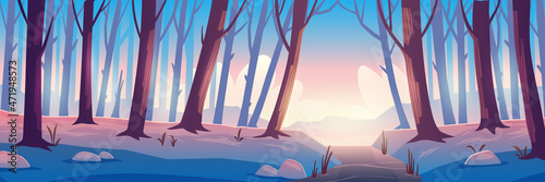 Winter forest with ice on river, bare trees and snow on land. Vector cartoon illustration of snowy woods landscape with tree trunks and frozen water in brook at evening