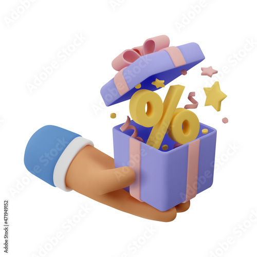 3d icon sale concept. Open gift in hand. Vector cartoon arm holding gesture. Realistic illustration of giving a present for social media