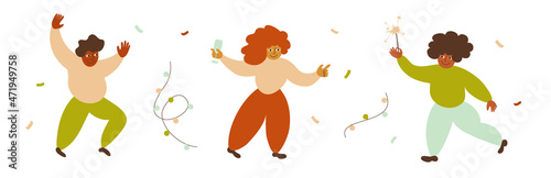 Vector illustration of diversity happy people dance on celebrating new year or birthday party. Diversity characters group celebrate holiday event. Man and woman hold sparklers, drink. Hangout friends