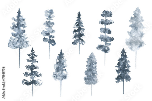 Watercolor winter abstract forest trees set isolated on white background. 