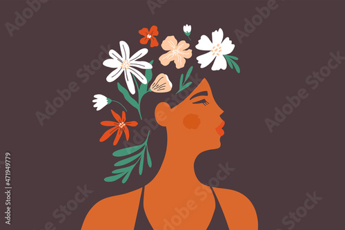 Young beautiful woman with flower hair. Female mental health, blooming brain, positive mind. Girl with head floral wreath. Nature beauty. Self care, love, wellbeing. Women day art vector illustration