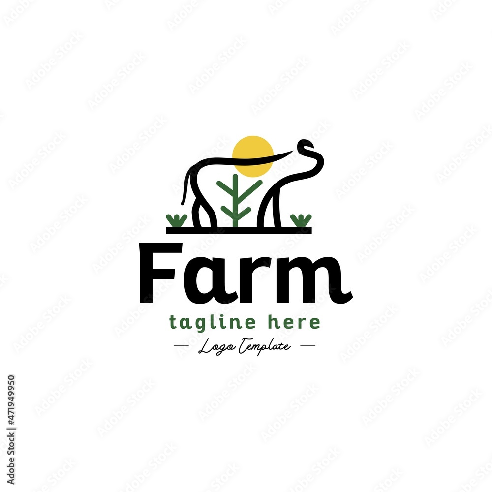 monoline cow in farm logo icon vector template