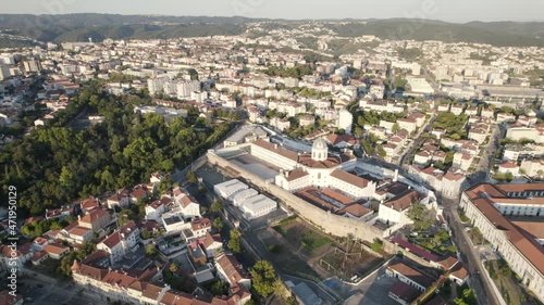 Aerial wide, parallax view Coimbra Prison Establishment near Sereia Garden