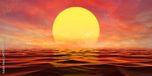 Fototapeta Naklejka Na Ścianę i Meble -  Fantasy sunset sunrise on sea panorama, bright beautiful sunset colored clouds. Reflection sky and sun at dawn in water. Sun set over horizon at sunset