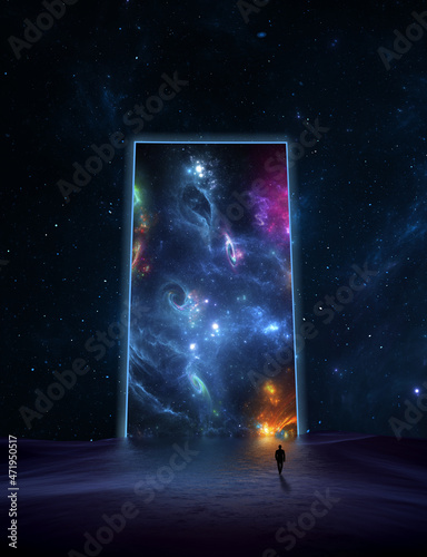 Businessman man is discovering new possibilities worlds of galaxies, fantasy portal to far universe. Businessman man achieving goals, space exploration, gateway to another universe. 3d render