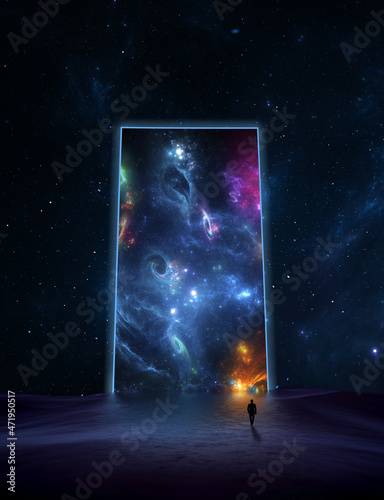 Fototapeta Naklejka Na Ścianę i Meble -  Businessman man is discovering new possibilities worlds of galaxies, fantasy portal to far universe. Businessman man achieving goals, space exploration, gateway to another universe. 3d render