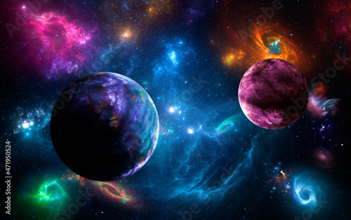 Fototapeta Naklejka Na Ścianę i Meble -  Panorama Space scene with planets, stars and galaxies. Banner template. Many Nebulae and galaxies in space, many light years away. Deep Universe. Large-scale structure 3D rendered