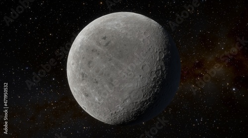 Moon in outer space against the background of stars, planets, galaxies and nebulae. Craters Surface moon satellite. 3d render