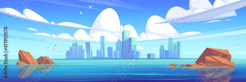 Lake or river with stones in water and city buildings on skyline. Vector cartoon illustration of sea landscape with skyscrapers on horizon and flying birds. Background with town on island
