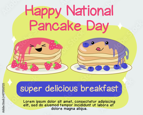 Set of cute blueberry pancake vector. Cute illustration strawberry pancake. Kawaii pancake. Cute vector set. Hand-drawn vector set. 