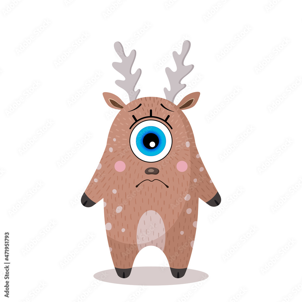Obraz premium Sad deer on a white background. One-eyed character